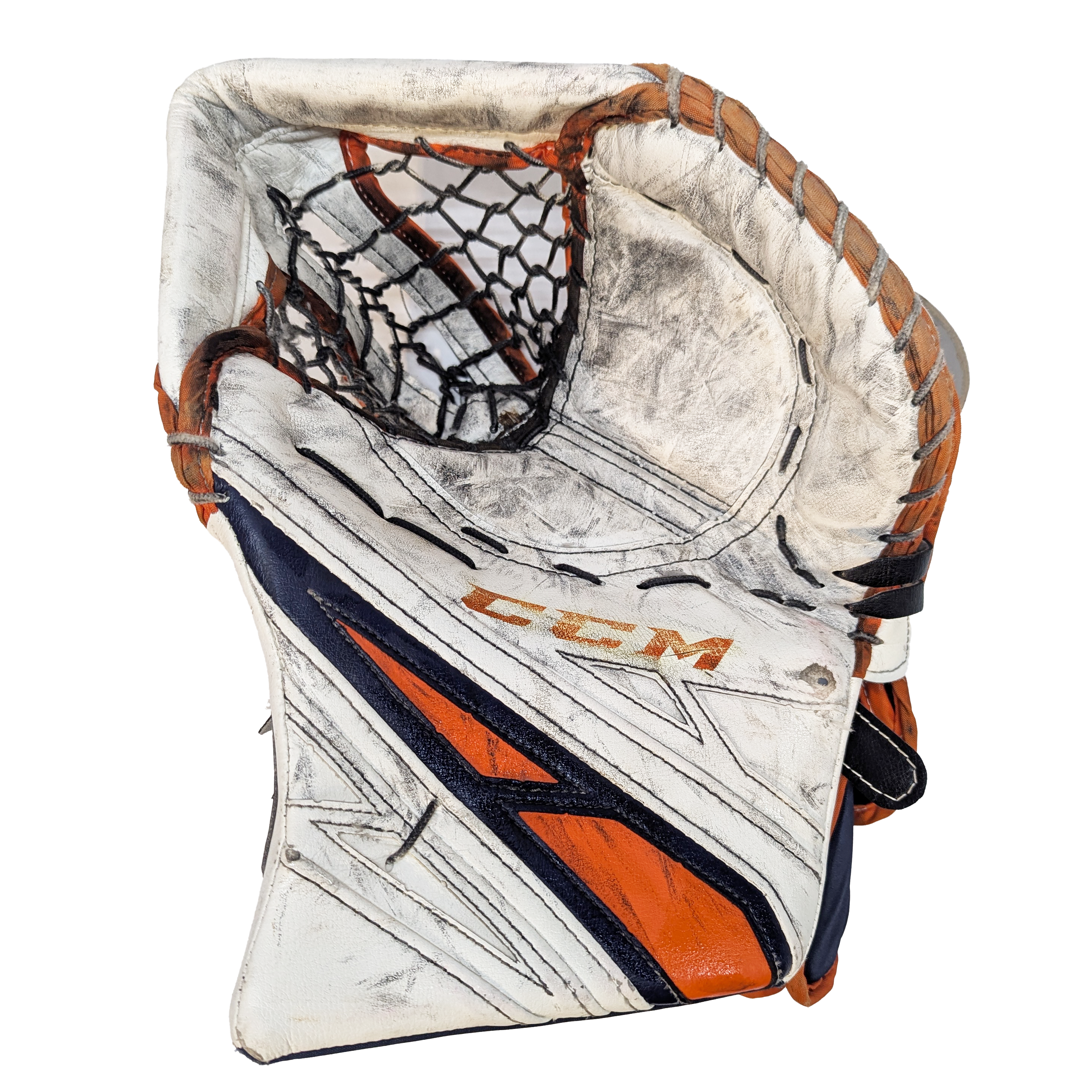 CCM Extreme Flex 4 - Gant de gardien de but Pro Stock d'occasion (blanc/orange/bleu marine)